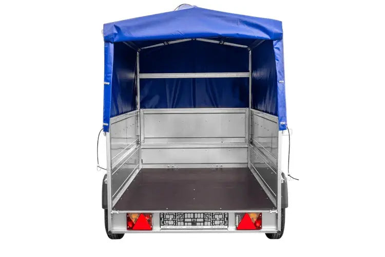 Vielseitiger UNITRAILER Garden 230 FD PKW-Anhänger mit hohen Bordwänden und blauer Plane