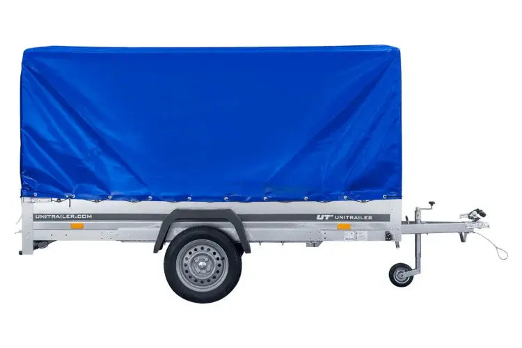 UNITRAILER GARDEN 265 Kippanhänger: Robuster PKW-Anhänger mit Hochspriegel und blauer Plane