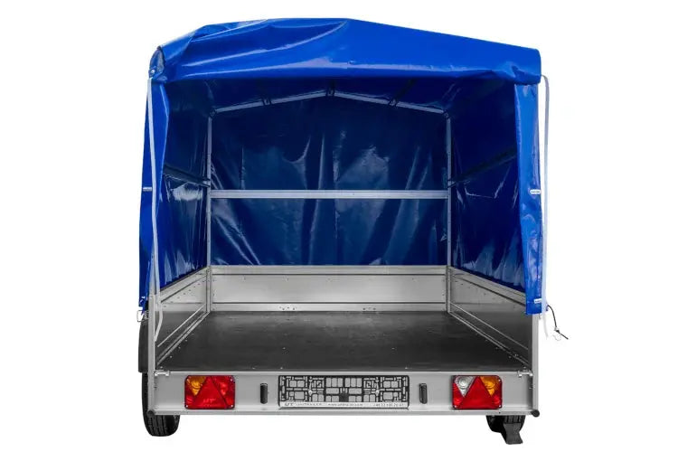 UNITRAILER GARDEN 265 Kippanhänger: Robuster PKW-Anhänger mit Hochspriegel und blauer Plane