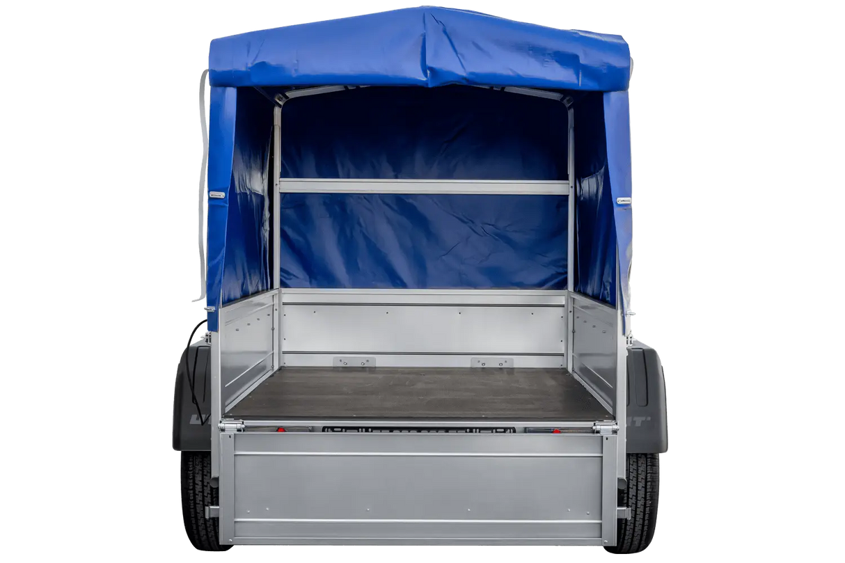 UNITRAILER Garden Trailer 150 KIPP: 150x106 cm mit Blauer Hochplane, Stützrad