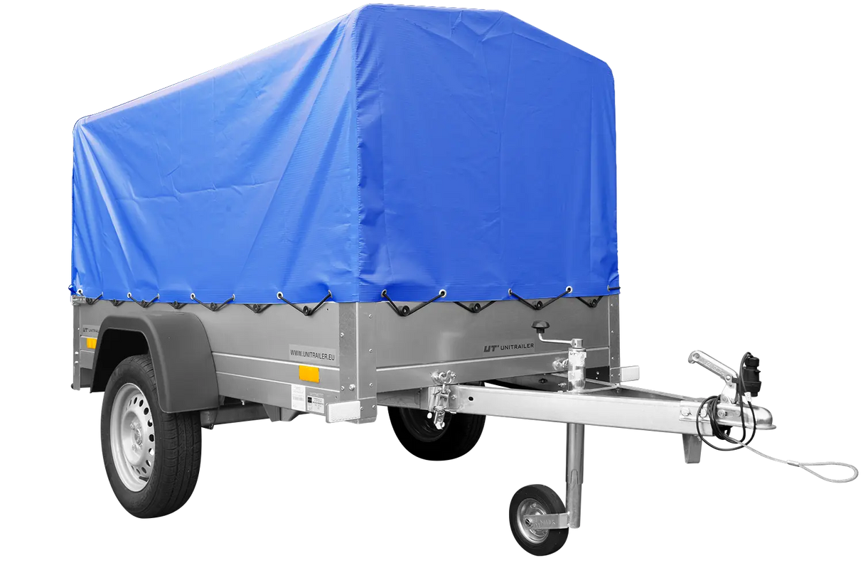 Robuster GARDEN TRAILER 201 Kippanhänger mit Stützrad, blauer Hochplane & Hochspriegel