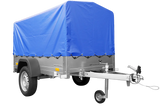 Robuster GARDEN TRAILER 201 Kippanhänger mit Stützrad, blauer Hochplane & Hochspriegel