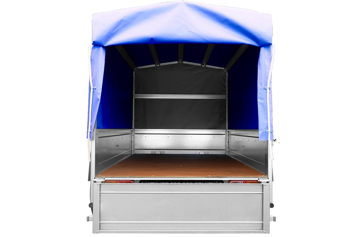 Robuster GARDEN TRAILER 201 Kippanhänger mit Stützrad, blauer Hochplane & Hochspriegel