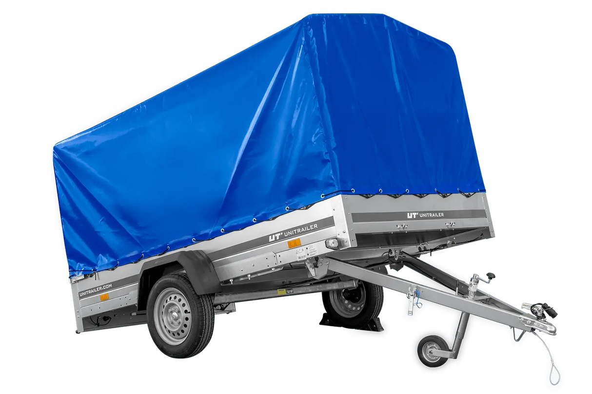 UNITRAILER GARDEN 265 Kippanhänger: Robuster PKW-Anhänger mit Hochspriegel und blauer Plane