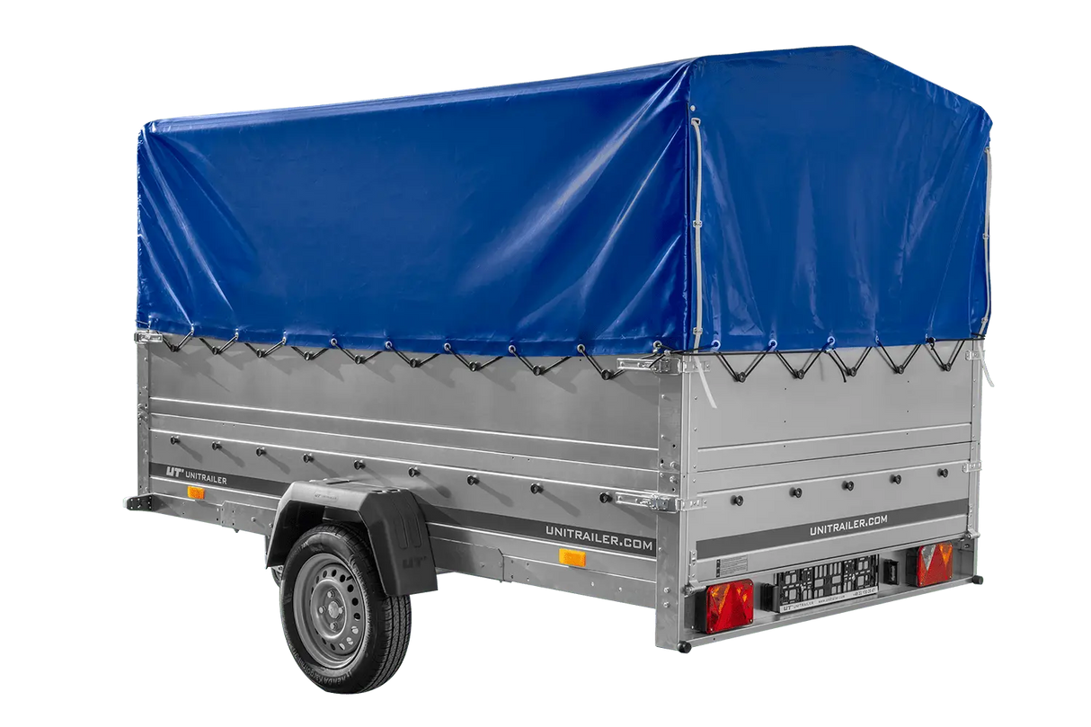 UNITRAILER GARDEN 265 KIPP Einachsanhänger: 264x150cm, hohe Bordwände, Hochspriegel, blaue Plane