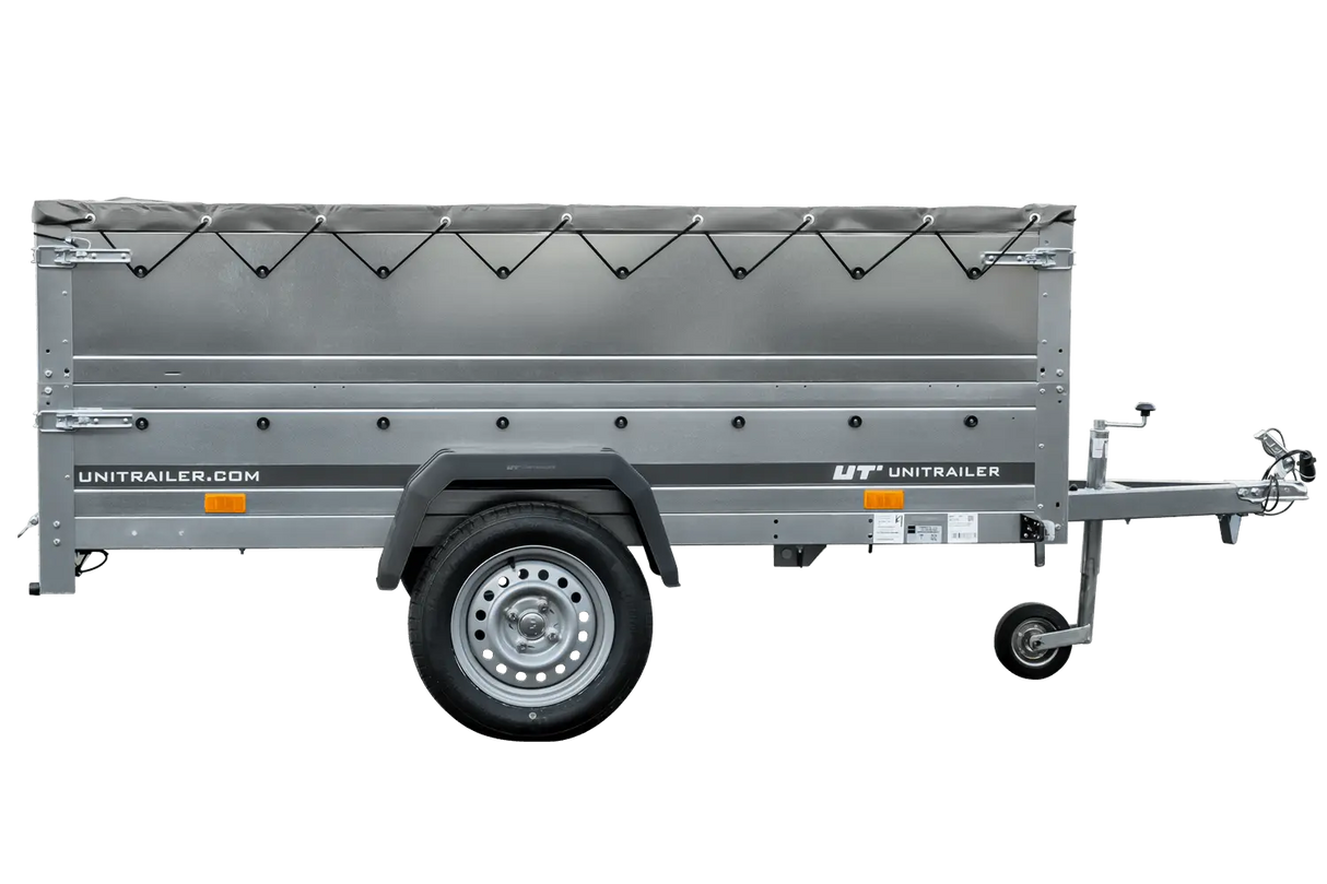 Faltbarer UNITRAILER Gartenanhänger 230 KIPP: Praktischer Pkw-Anhänger mit Bordwänden und Plane