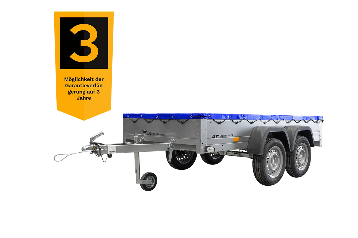 UNITRAILER Gartenanhänger 264/2 Kipp: Robuster Zweiachser mit Stützrad & Blauer Plane
