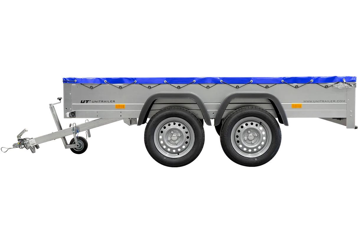 UNITRAILER Gartenanhänger 264/2 Kipp: Robuster Zweiachser mit Stützrad & Blauer Plane