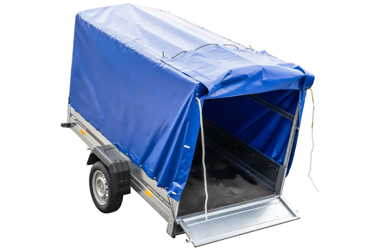 UNITRAILER 230 KIPP Gartenanhänger: Kippbar, Stützrad, 110cm Rahmen, blaue Plane