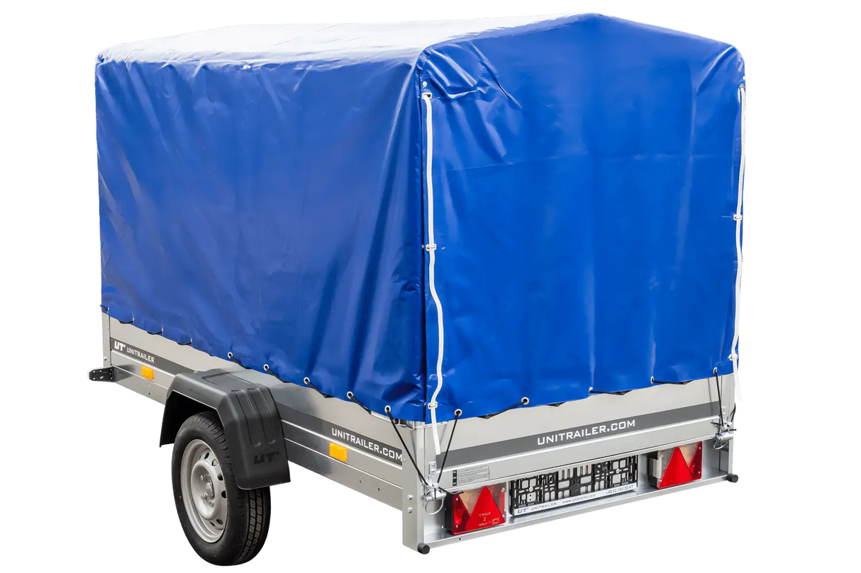UNITRAILER 230 KIPP Gartenanhänger: Kippbar, Stützrad, 110cm Rahmen, blaue Plane