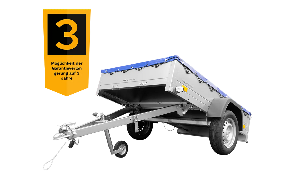 UNITRAILER Garden Trailer 201 KIPP: Robuster Kippanhänger mit Flachplane, Stützrad, Planenträgern