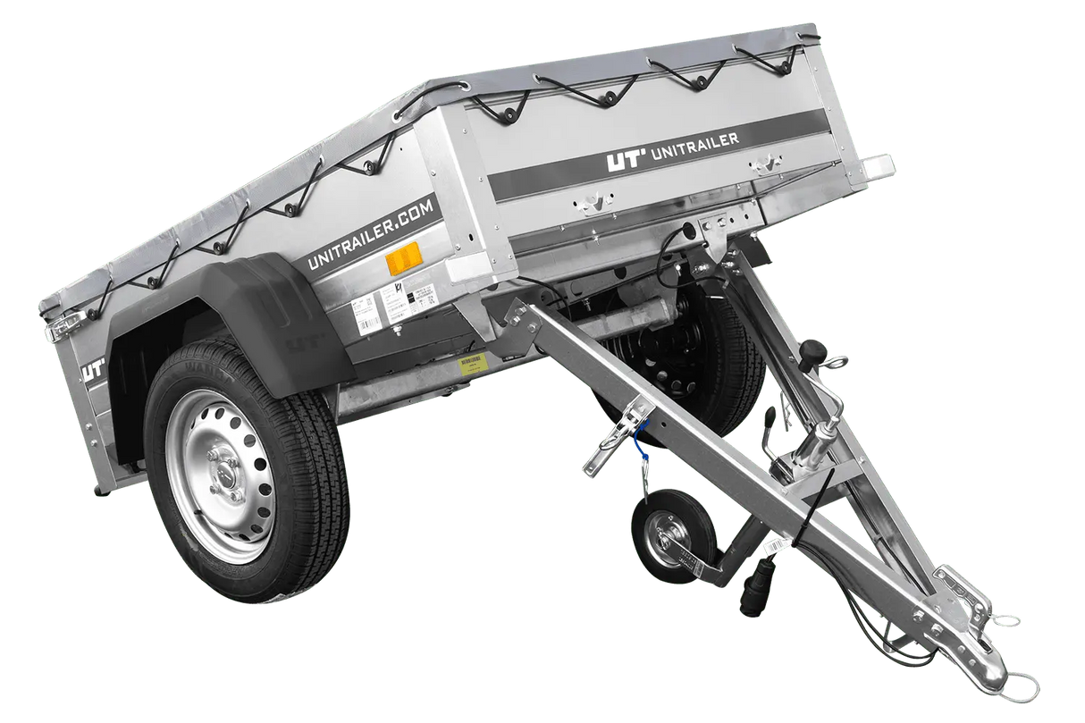 Robuster UNITRAILER Garden Trailer 150 KIPP PKW-Anhänger mit Flachplane und Stützrad Gartenanhänger