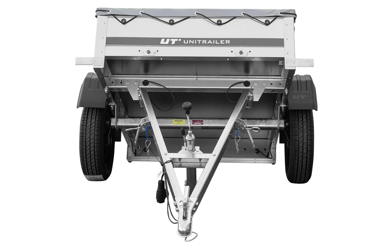 Robuster UNITRAILER Garden Trailer 150 KIPP PKW-Anhänger mit Flachplane und Stützrad Gartenanhänger