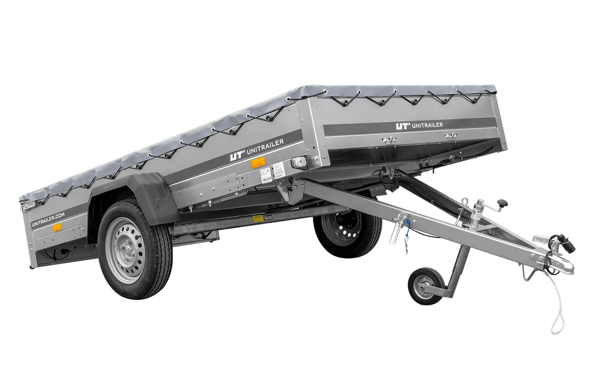 UNITRAILER GARDEN 265 KIPP Autoanhänger: Praktischer Kippanhänger mit grauer Plane & Stützrad