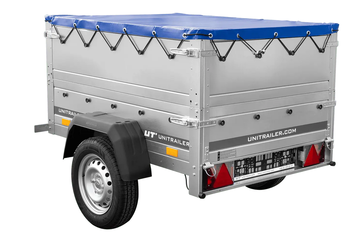 Vielseitiger GARDEN TRAILER 150 KIPP PKW-Anhänger mit Bordwänden, Stützrad & blauer Plane