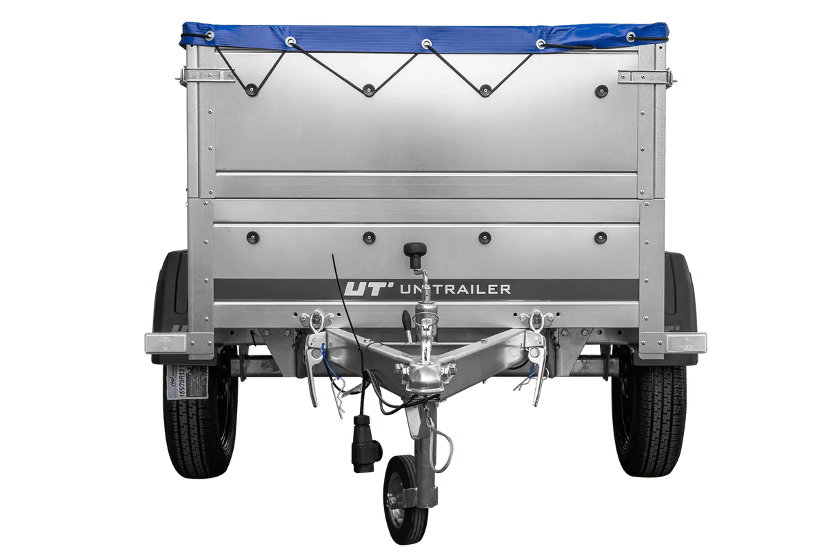 Vielseitiger GARDEN TRAILER 150 KIPP PKW-Anhänger mit Bordwänden, Stützrad & blauer Plane
