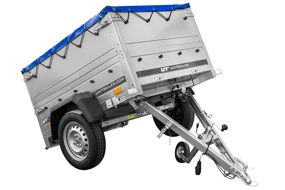 Vielseitiger GARDEN TRAILER 150 KIPP PKW-Anhänger mit Bordwänden, Stützrad & blauer Plane