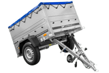 Vielseitiger GARDEN TRAILER 150 KIPP PKW-Anhänger mit Bordwänden, Stützrad & blauer Plane
