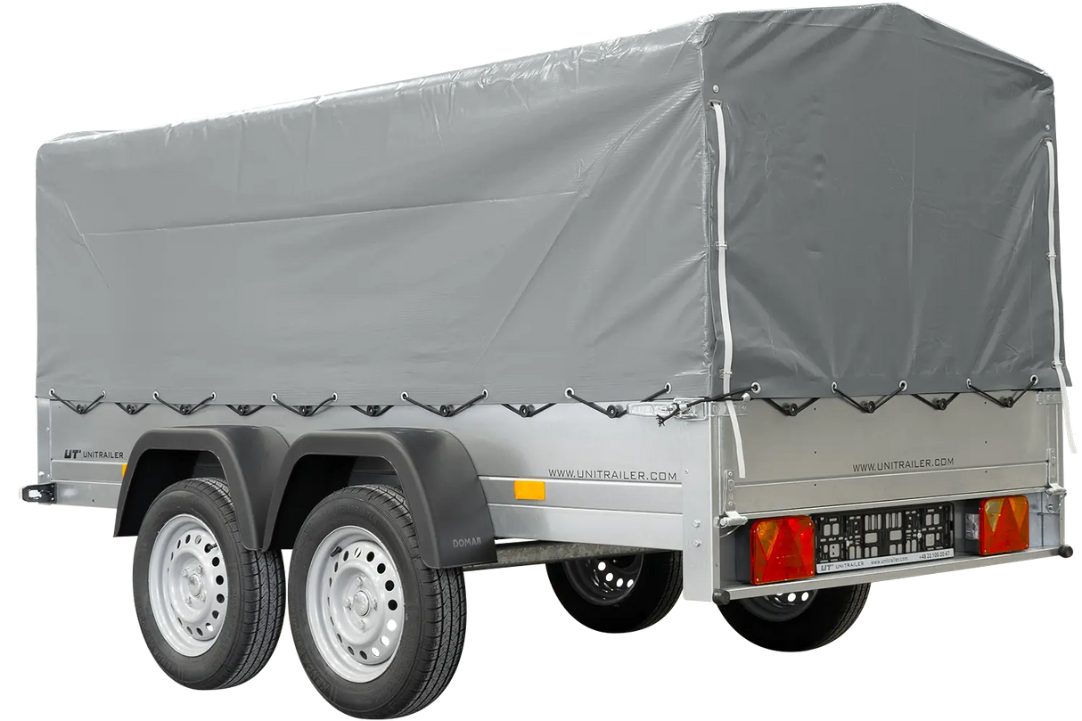 UNITRAILER Kippbarer Gartenanhänger 264/2: Robuster Doppelachser mit Stützrad & Plane