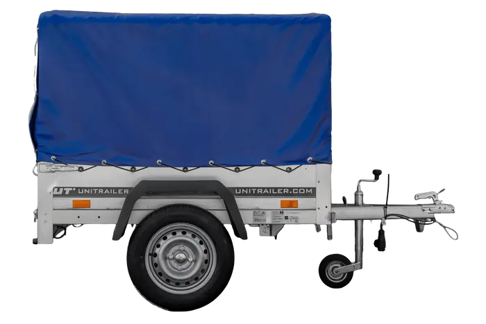 UNITRAILER Garden Trailer 150 KIPP: 150x106 cm mit Blauer Hochplane, Stützrad