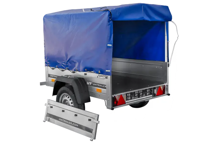 UNITRAILER Garden Trailer 150 KIPP: 150x106 cm mit Blauer Hochplane, Stützrad