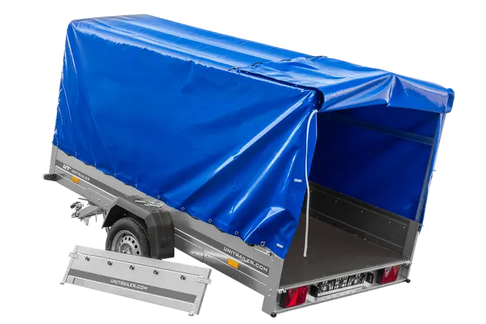 UNITRAILER GARDEN 265 Kippanhänger: Robuster PKW-Anhänger mit Hochspriegel und blauer Plane
