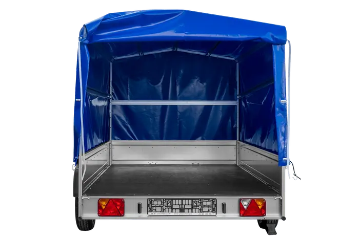 UNITRAILER GARDEN 265 Kippanhänger: Robuster PKW-Anhänger mit Hochspriegel und blauer Plane