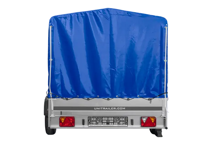 UNITRAILER GARDEN 265 Kippanhänger: Robuster PKW-Anhänger mit Hochspriegel und blauer Plane