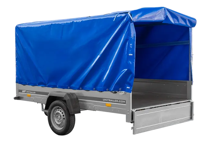 UNITRAILER GARDEN 265 Kippanhänger: Robuster PKW-Anhänger mit Hochspriegel und blauer Plane