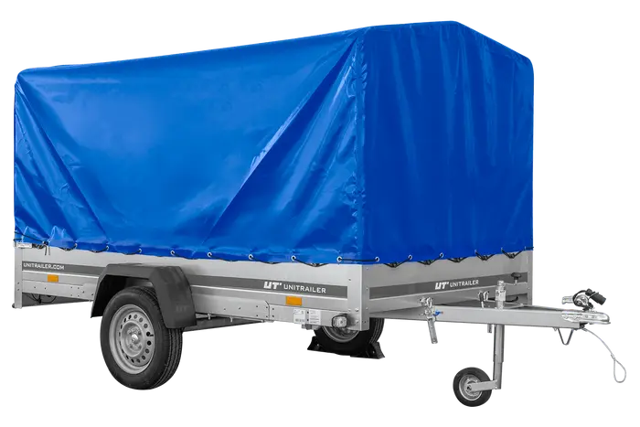 UNITRAILER GARDEN 265 Kippanhänger: Robuster PKW-Anhänger mit Hochspriegel und blauer Plane