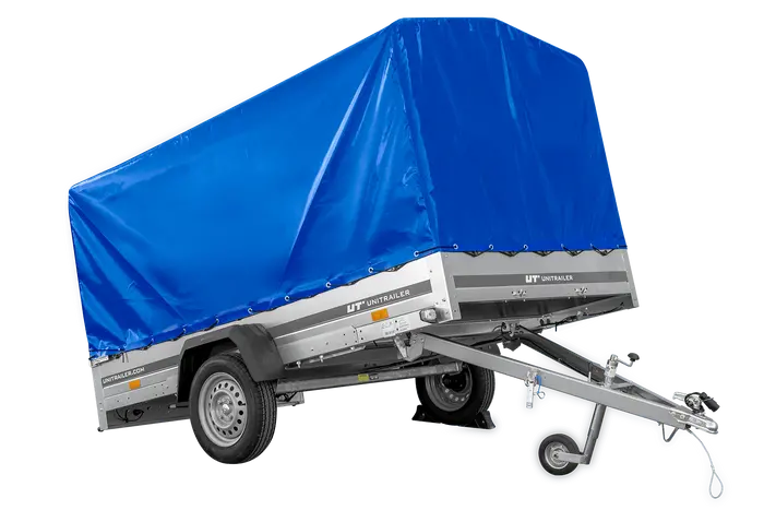 UNITRAILER GARDEN 265 Kippanhänger: Robuster PKW-Anhänger mit Hochspriegel und blauer Plane
