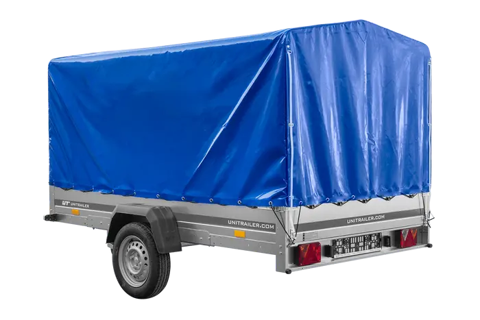 UNITRAILER GARDEN 265 Kippanhänger: Robuster PKW-Anhänger mit Hochspriegel und blauer Plane