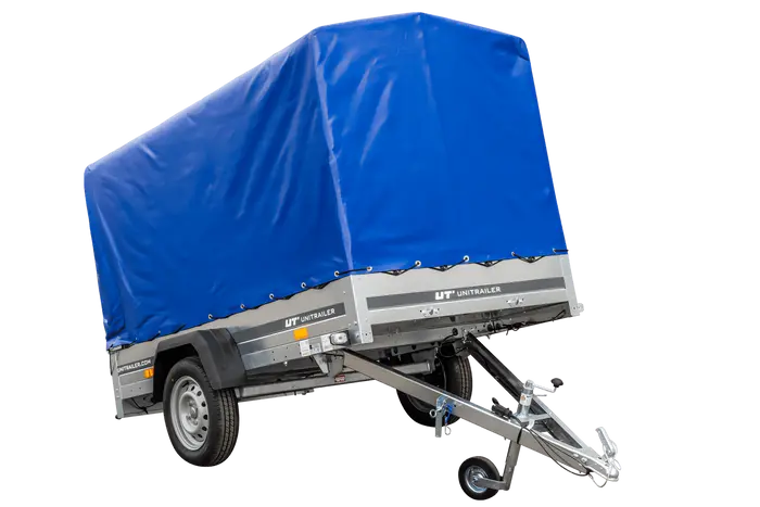 UNITRAILER 230 KIPP Gartenanhänger: Kippbar, Stützrad, 110cm Rahmen, blaue Plane