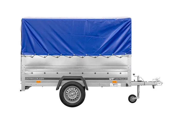 Vielseitiger UNITRAILER Garden 230 FD PKW-Anhänger mit hohen Bordwänden und blauer Plane