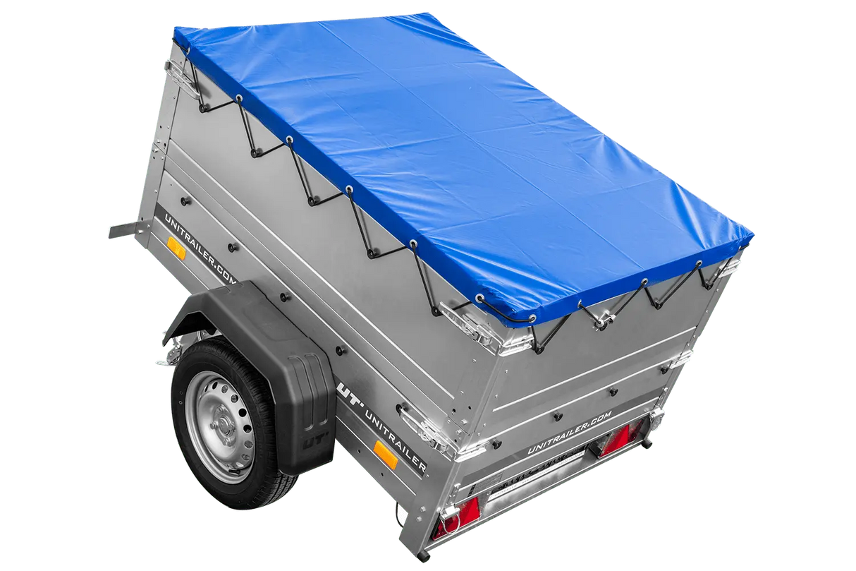 Vielseitiger GARDEN TRAILER 150 KIPP PKW-Anhänger mit Bordwänden, Stützrad & blauer Plane