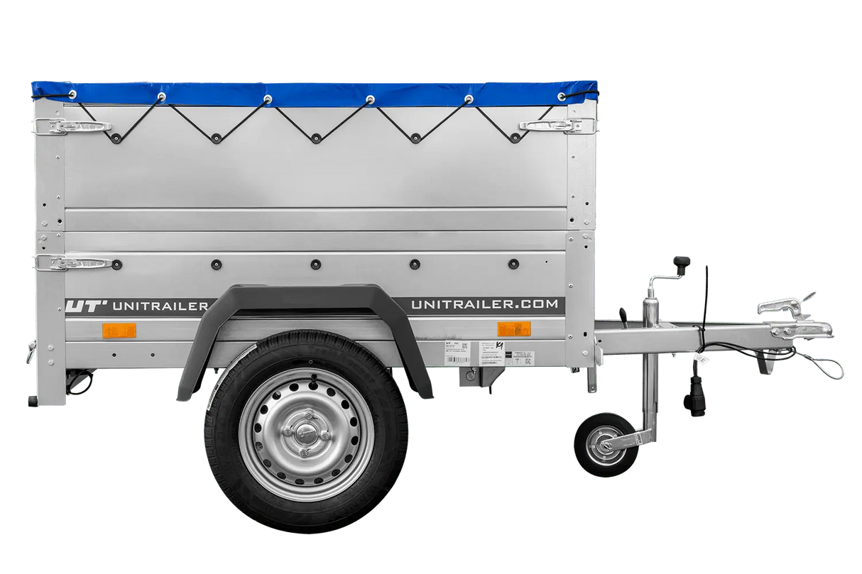 Vielseitiger GARDEN TRAILER 150 KIPP PKW-Anhänger mit Bordwänden, Stützrad & blauer Plane