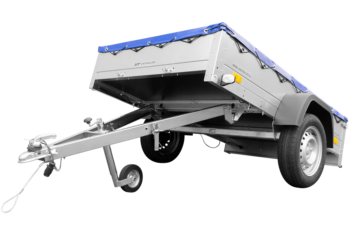 UNITRAILER Garden Trailer 201 KIPP: Robuster Kippanhänger mit Flachplane, Stützrad, Planenträgern