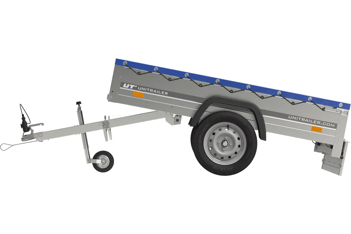 Leichter Kipp-Gartenanhänger 200 mit Stützrad, H-0-Rahmen und blauer Plane – Robuste 750 kg